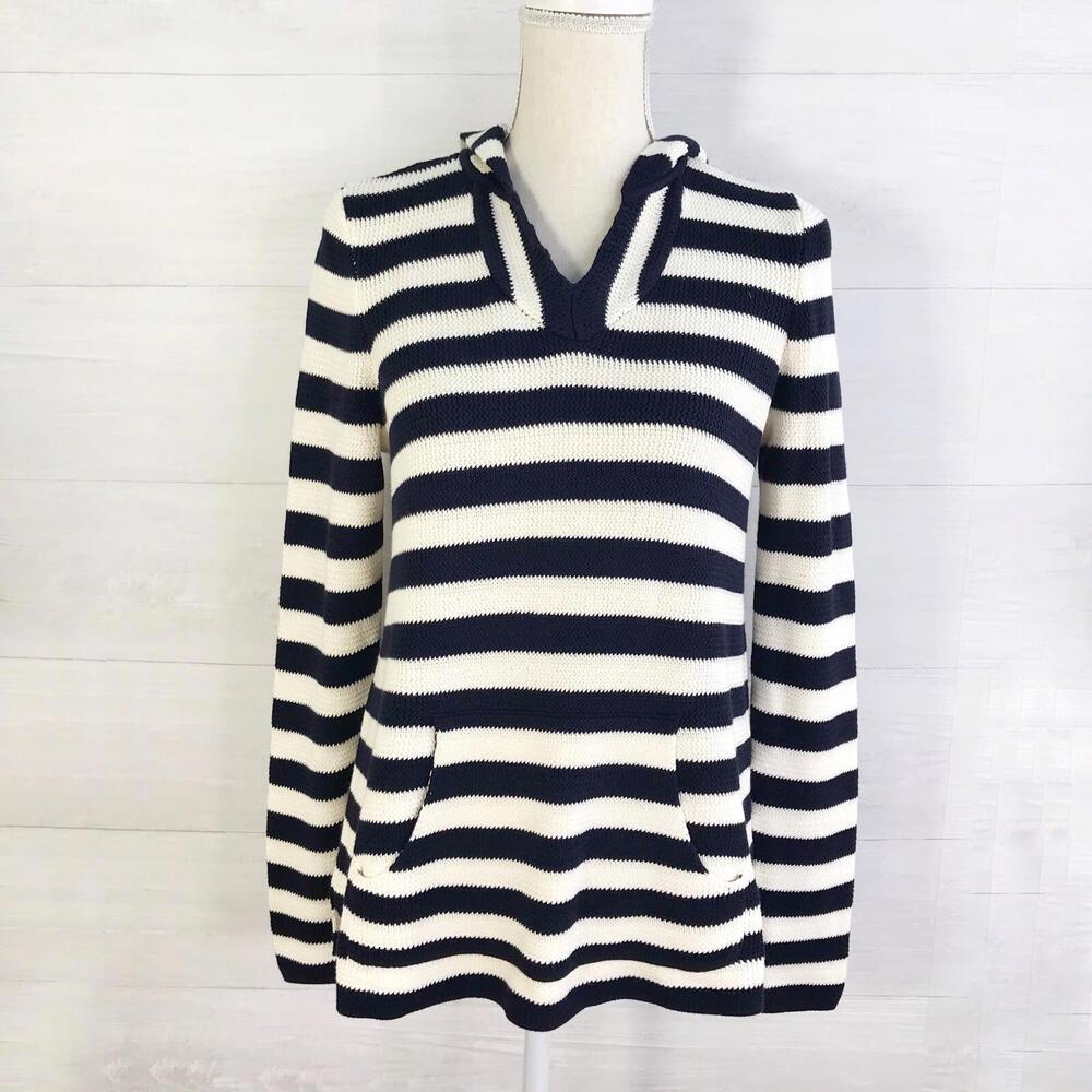 NWT Talbots Petites - Navy & ivory striped cotton knit hooded sweater, PM